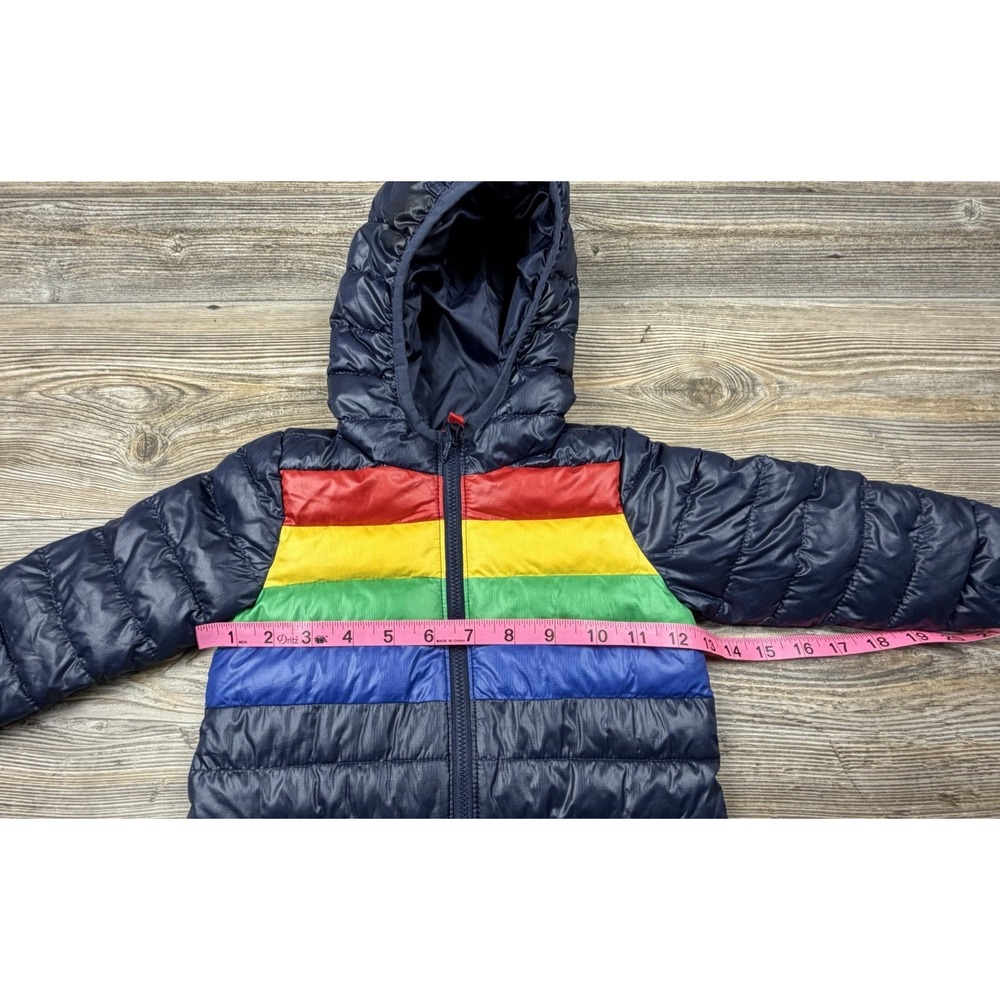 Primary Navy & Rainbow Striped Hooded Puffer Snowsuit 6-12 Months Lightweight - Picture 11 of 12